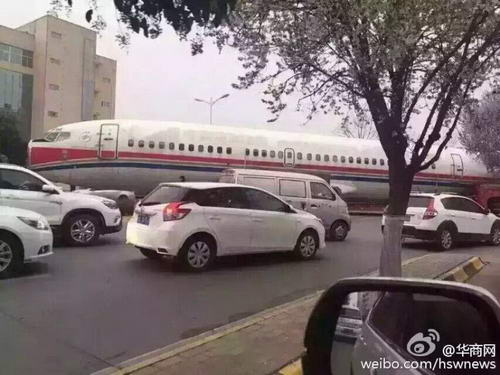 图为飞机横堵在街头。